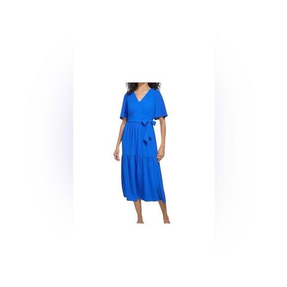 DKNY Midi Dress Womens Size 8 Royal Blue Fit & Flare Tiered Tie Waist V-Neck NWT - Picture 1 of 15